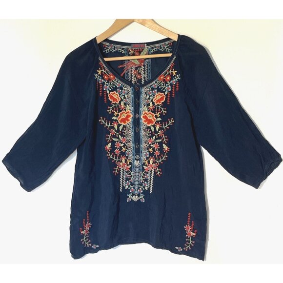 New Johnny Was Navy Floral Embroidered Cupra Rayon Boho Olivia Blouse Top - Picture 1 of 11